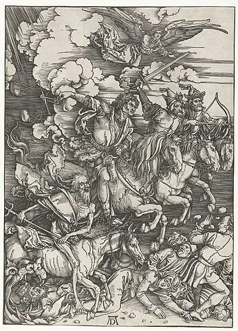 Die apokalyptischen Reiter (Holzschnitt von Albrecht Dürer)